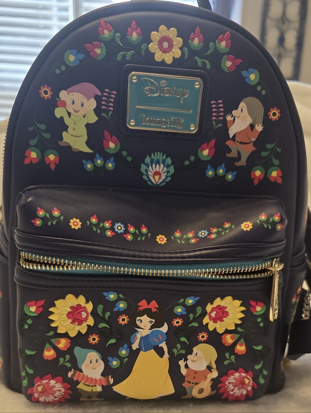 Loungefly Black Floral Folk Snow White & Dwarfs Mini Backpack